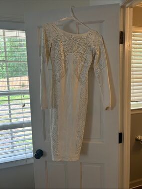 bebe White Long-Sleeve Rhinestone Bodycon Dress
